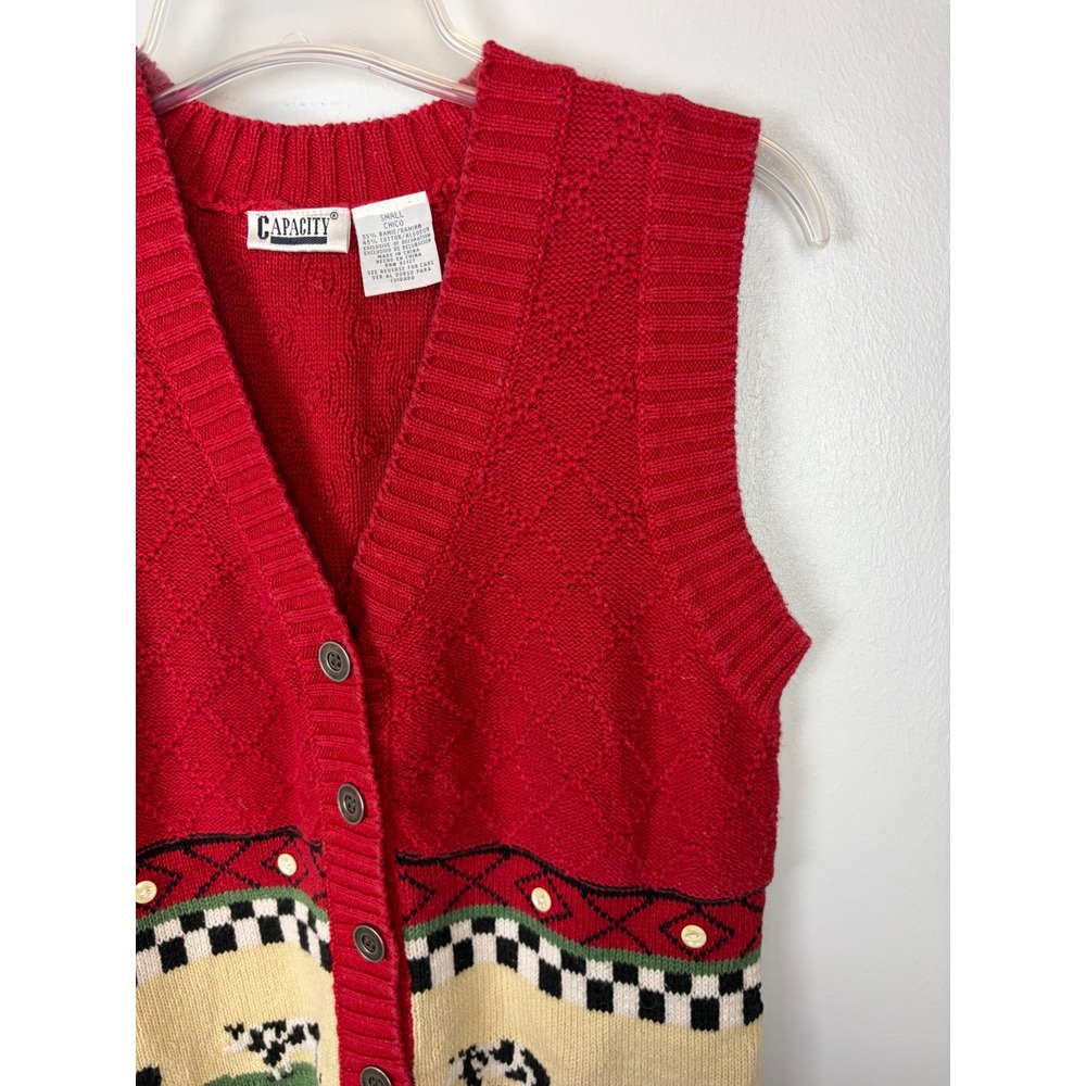 Vintage Capacity Red Cow Print Cardigan Vest Small‎ Ramie Cotton Knit Button Up - Picture 5 of 9